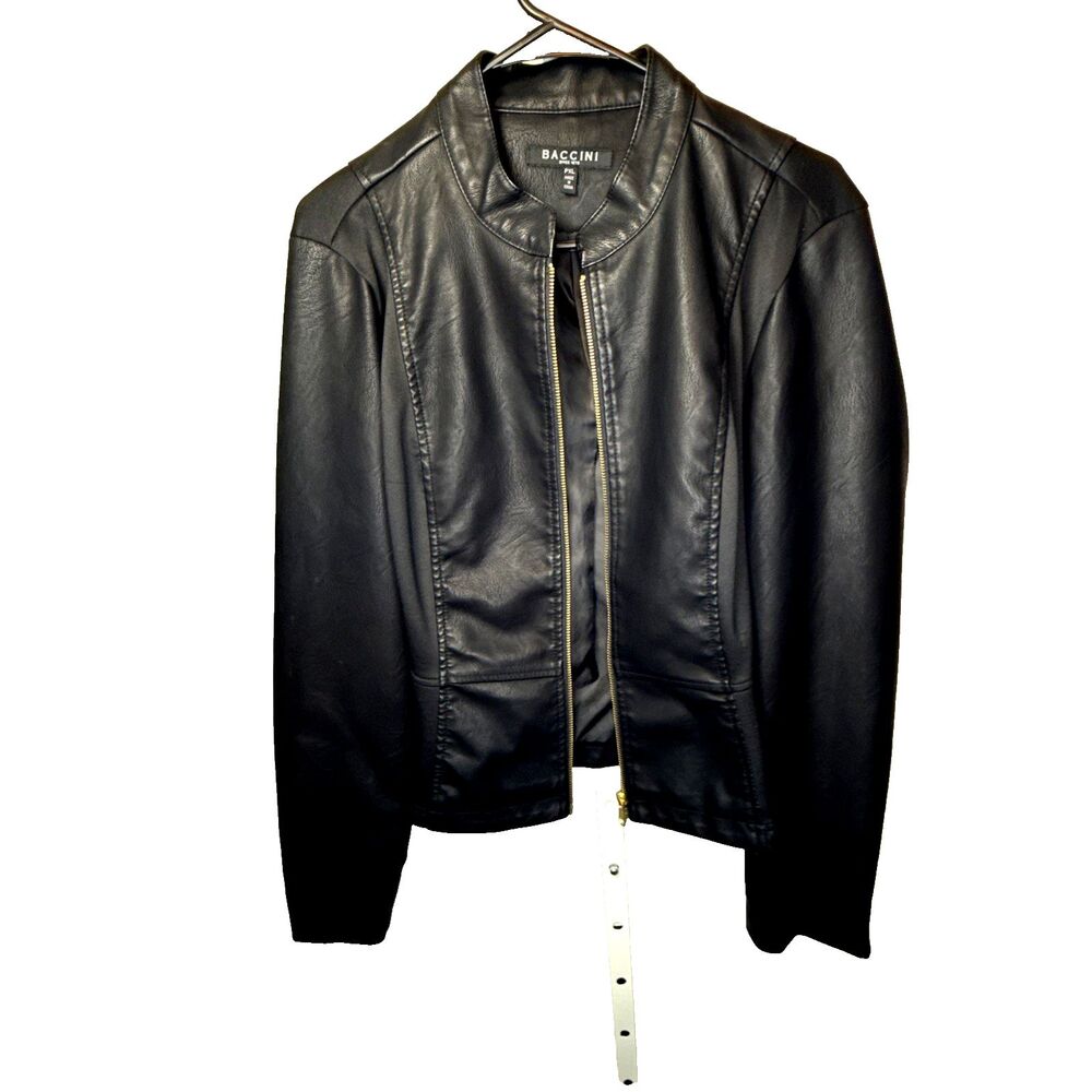 Baccini Women PXL Black Faux Leather Peplum Jacket Moto Zip Mandarin Collar Zip